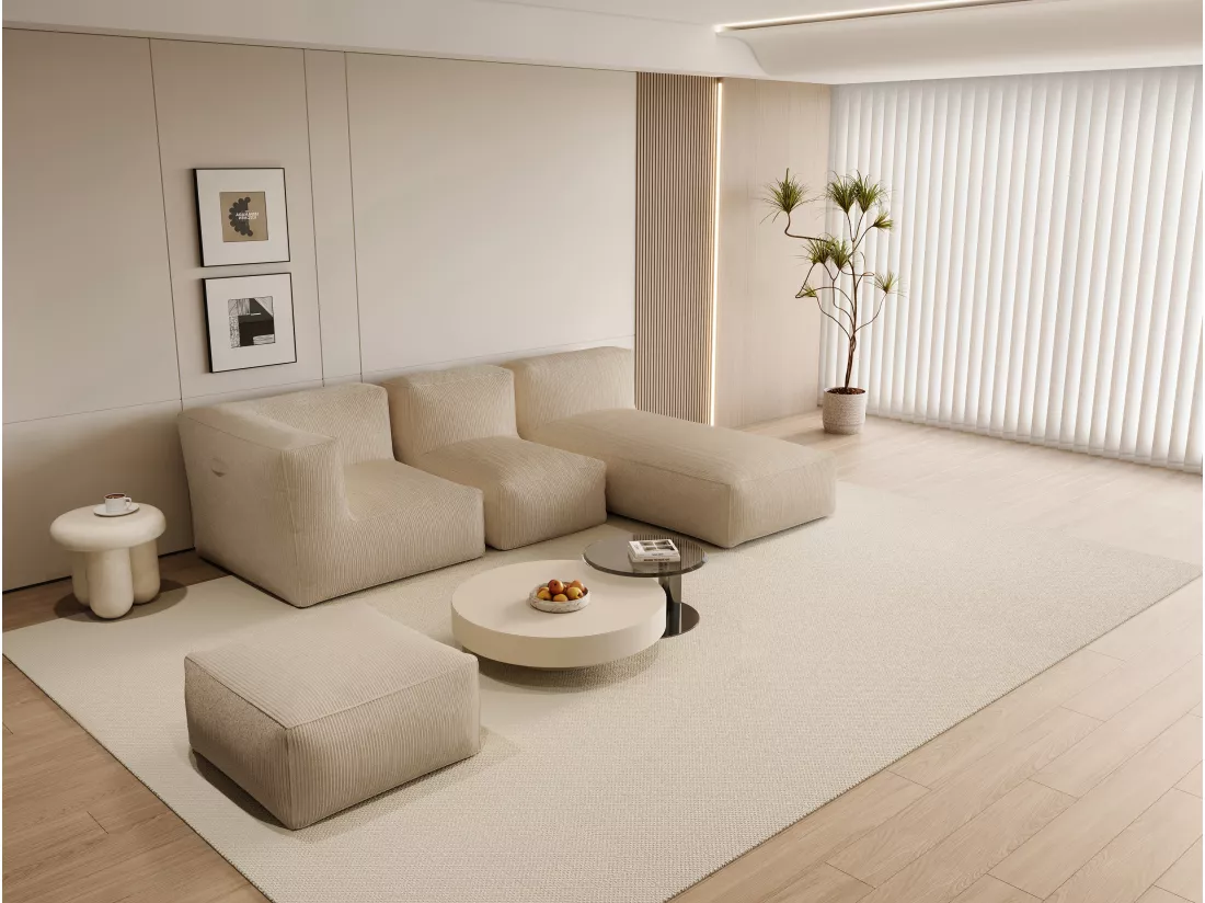 Canapé d'angle modulable avec pouf en velours côtelé beige NOUMARA