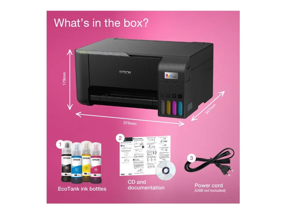Epson EcoTank ET-2810 - Multifunktionsprinter - farve - blækprinter - ITS - A4 (medie) - op til 10 spm (udskriver) - 100 ark - USB, Wi-Fi - sort
