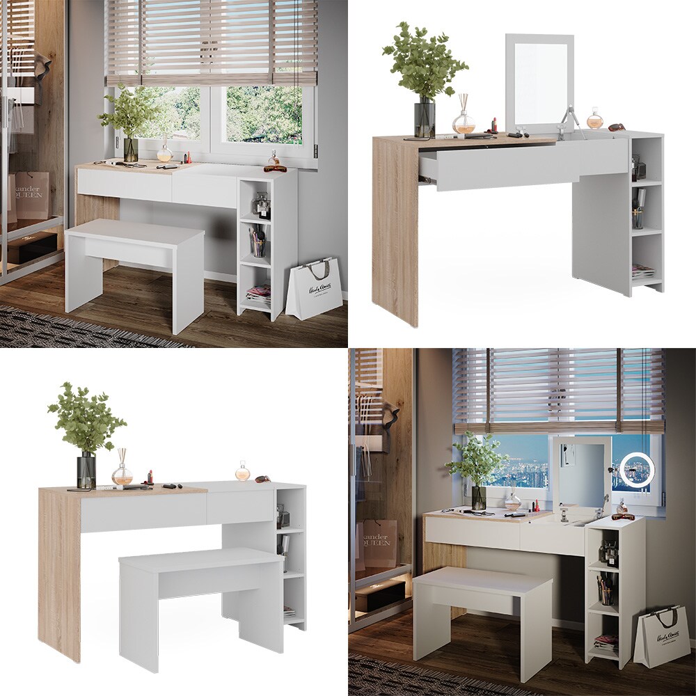 Vicco Schminktisch Kira, 129 x 76 cm, Weiß Sonoma, Frisiertisch, Spiegel, Bank, modern