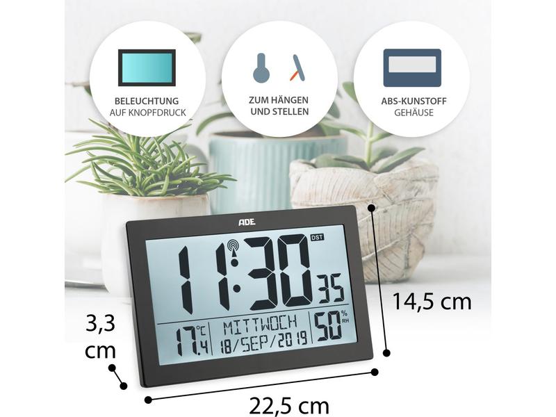 ADE Funk-Wanduhr XL, Schwarz Wecker mit digitaler Anzeige