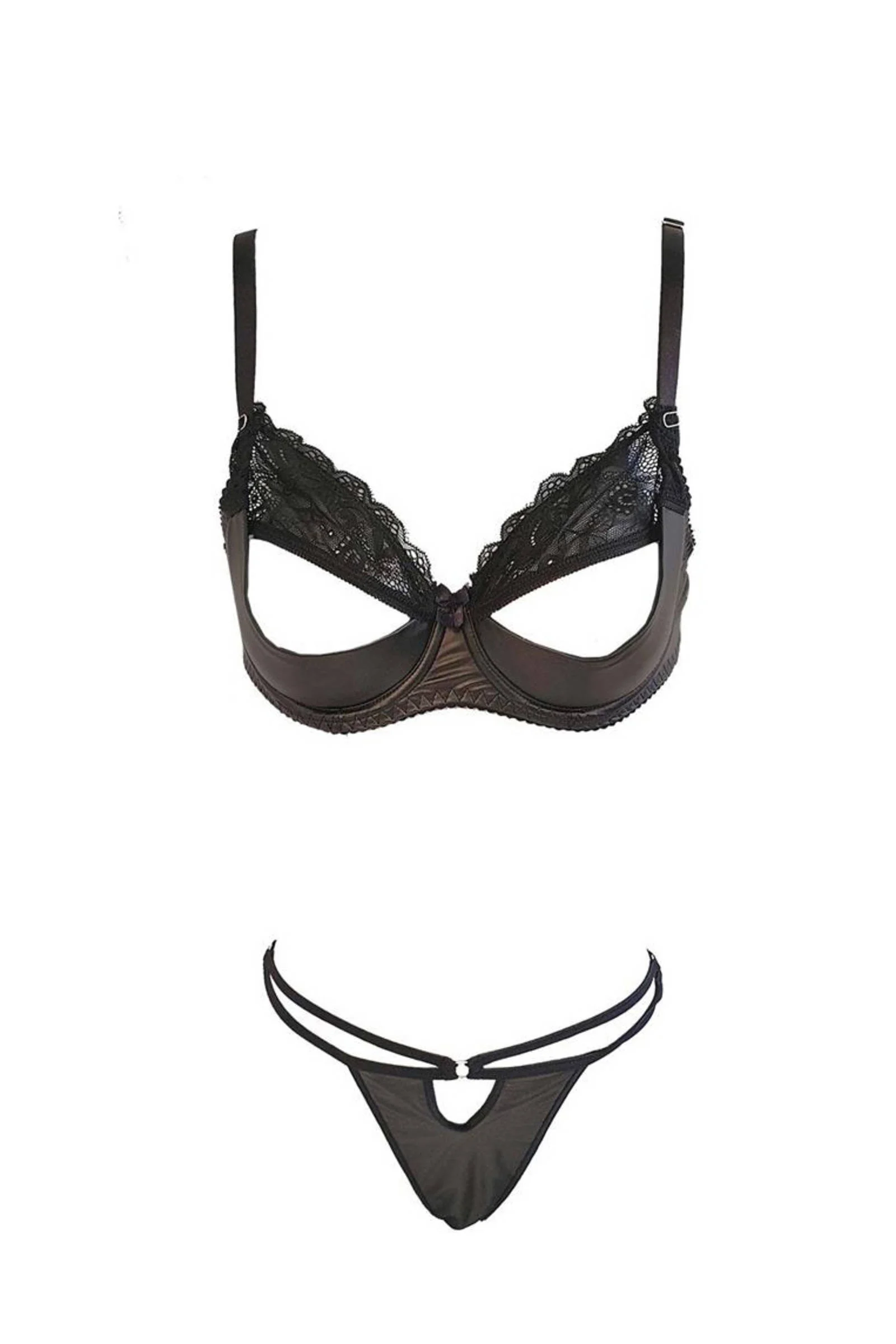 Christine le Duc leerlook beugelbh met string en jarretel Famke  zwart