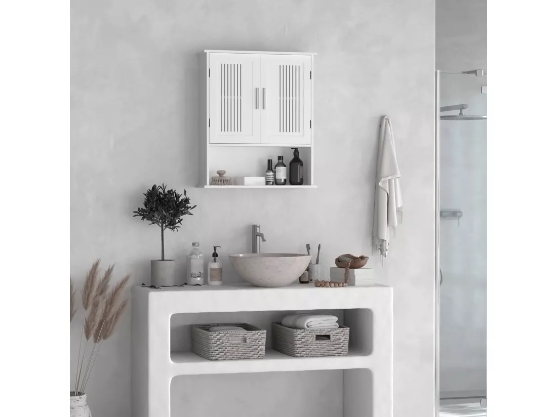 Armoire murale de salle de bain 2 portes - étagère, niche - dim. 60 x 20 x 70 cm - blanc