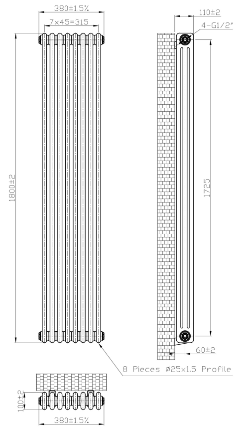 Eastbrook Imperia 3 koloms radiator 40x180cm 2099W metaal