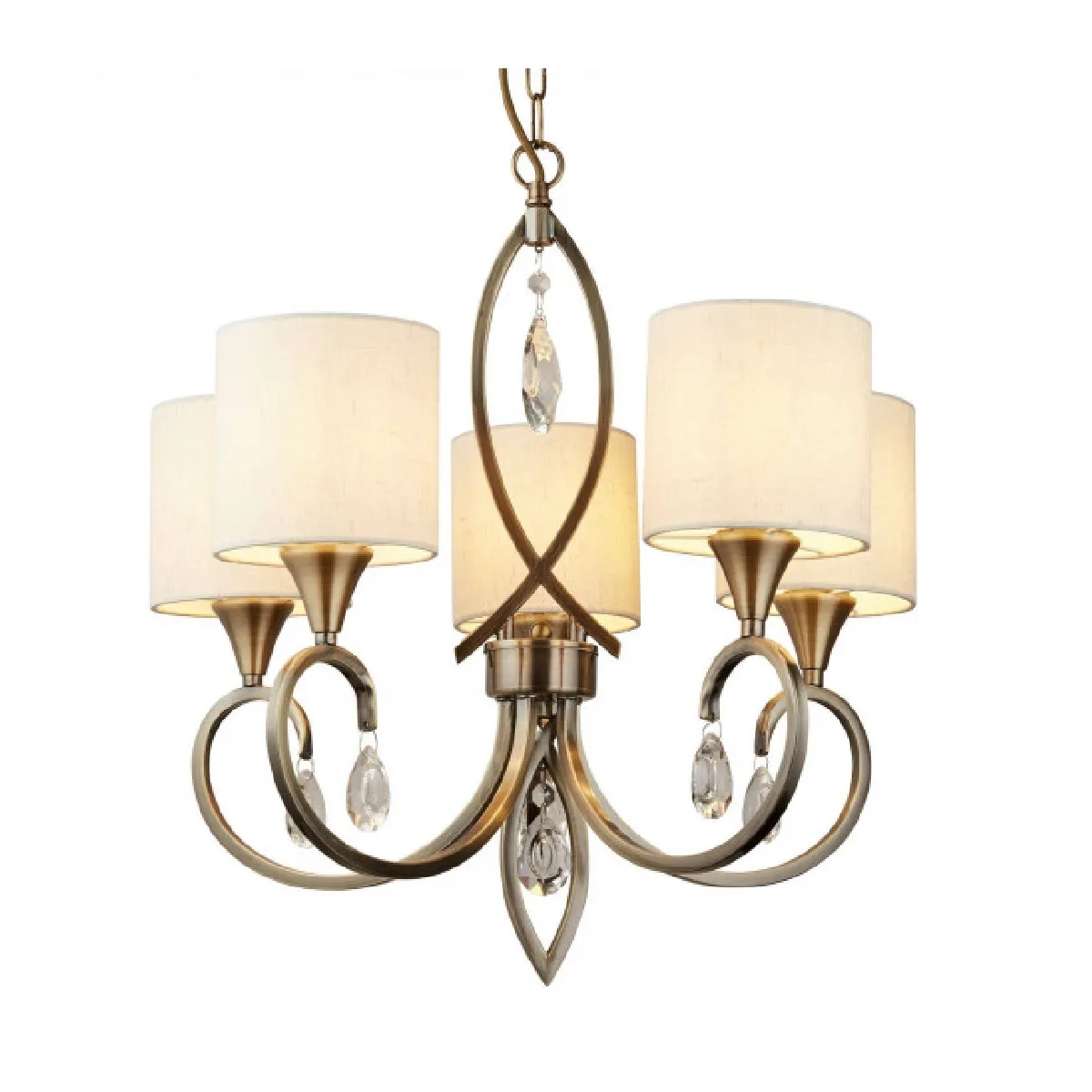 Searchlight Suspension Alberto 5 ampoules Cristal,métal,tissu Laiton antique,crème