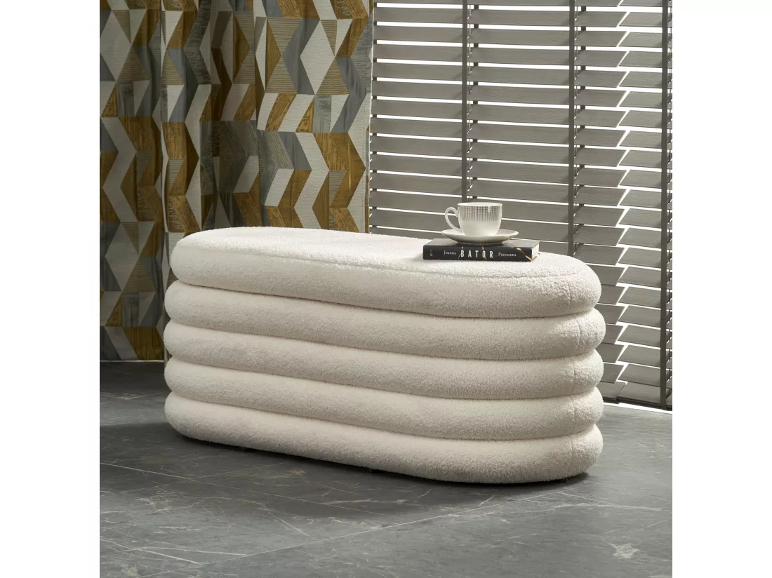 Banc couleur crème en tissu bouclé avec coffre de rangement Nikola