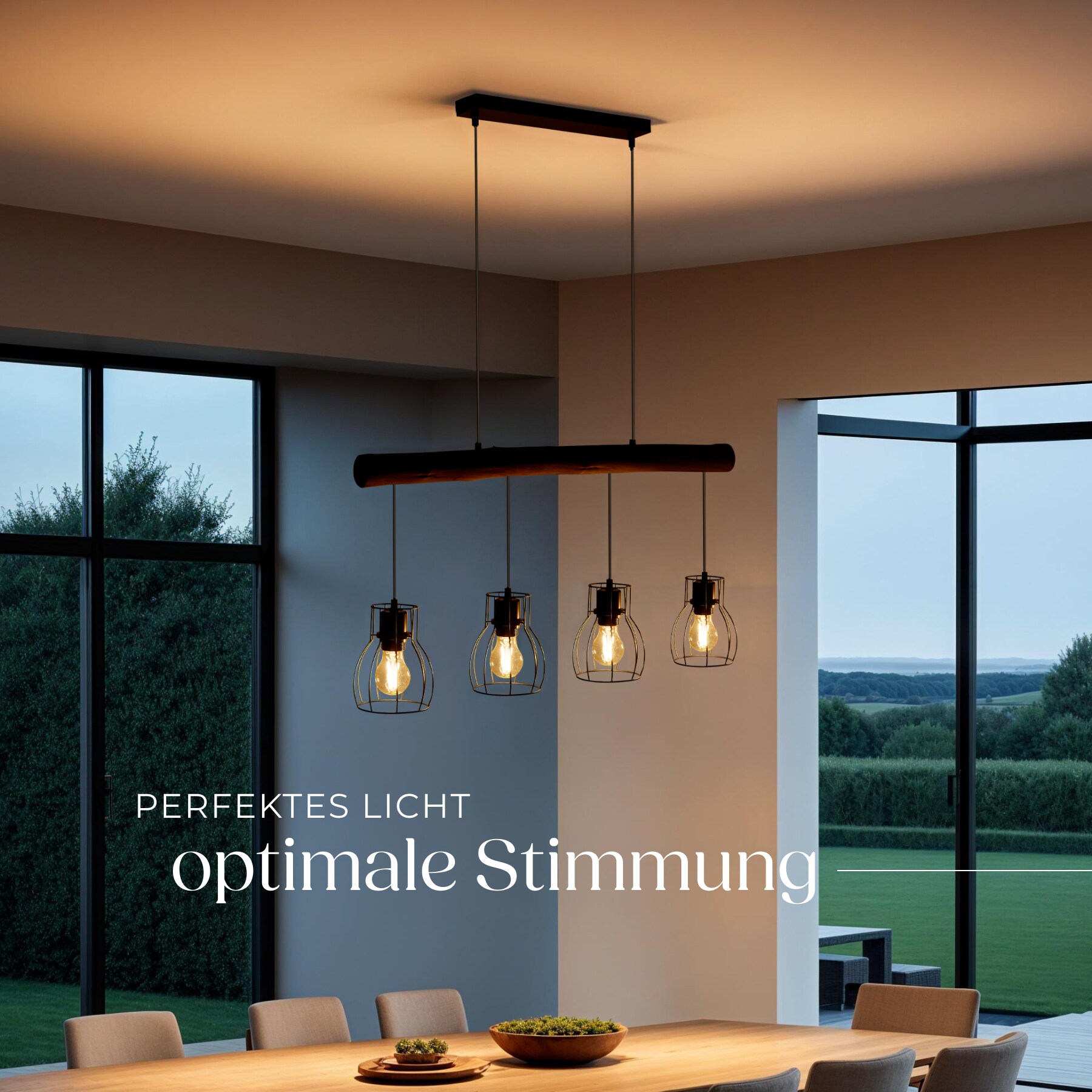 tectake® Pendelleuchte, 4-flammig, 4x E27, 40 W, massiver Holzbalken, Gitter-Lampenschirme, 82 x 13,5 x 140 cm