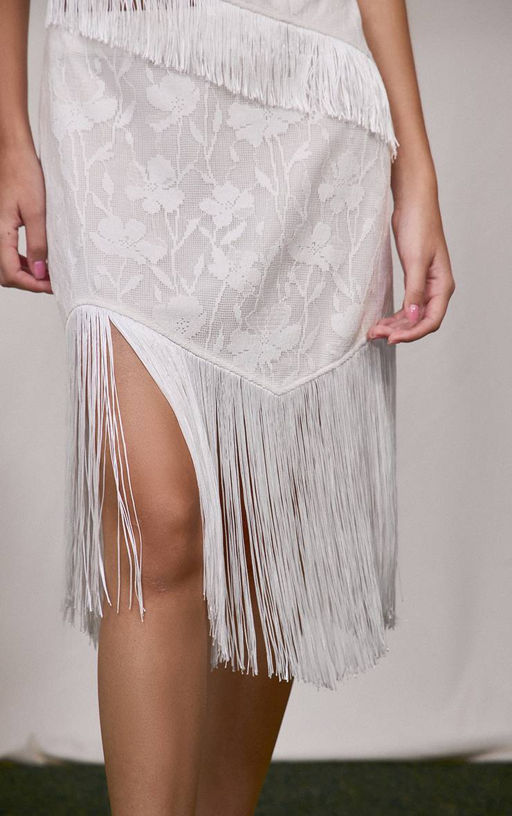 Blanc Ensemble Coordonné Jupe Asymétrique À Franges Texturée Motif Floral