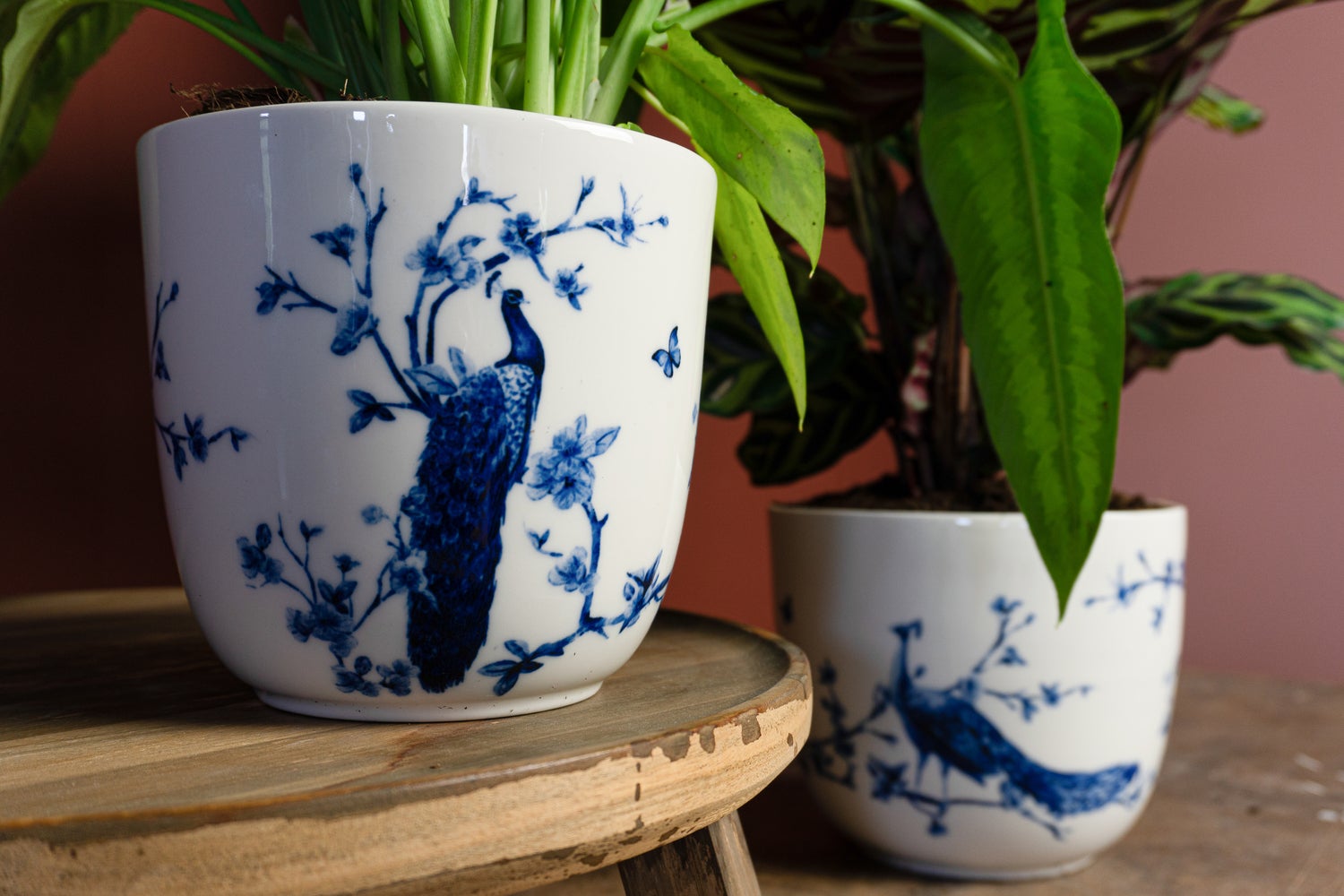 Heinen Delfts Blauw bloempot Pauw wit / blauw D 17 H 15 cm