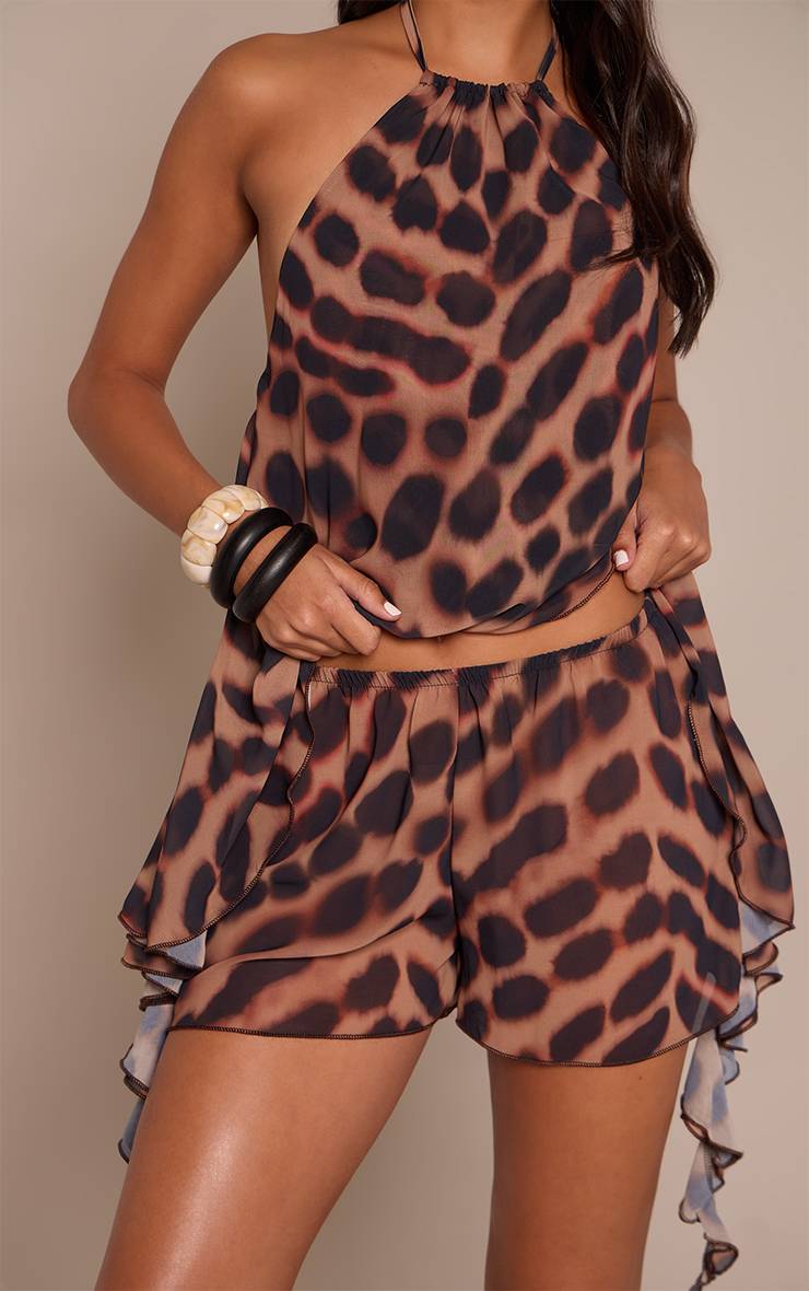 Marron Ensemble Coordonné Short Imprimé Abstrait