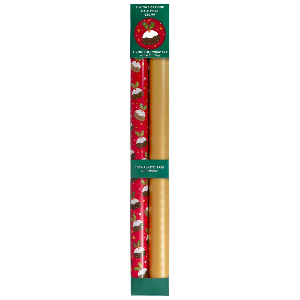 Puddings On Red Rollwrap Pack X2 3M Rollwraps & 6 Gift Tags