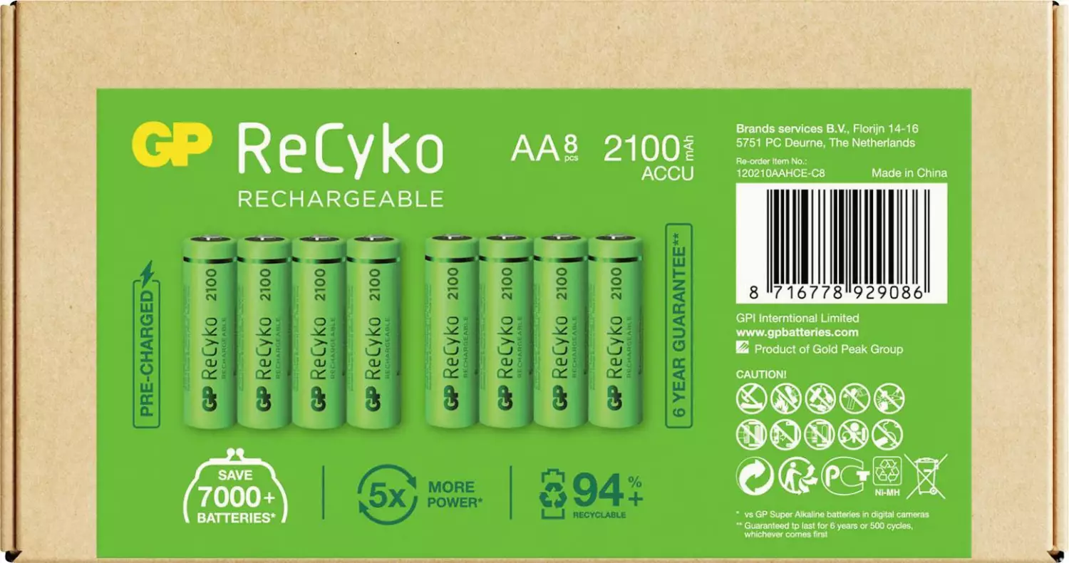 GP NiMH 2100 mAh ReCyko Oplaadbaar batterij 1,2V (8st) - AA - GPRCK210AA086C4