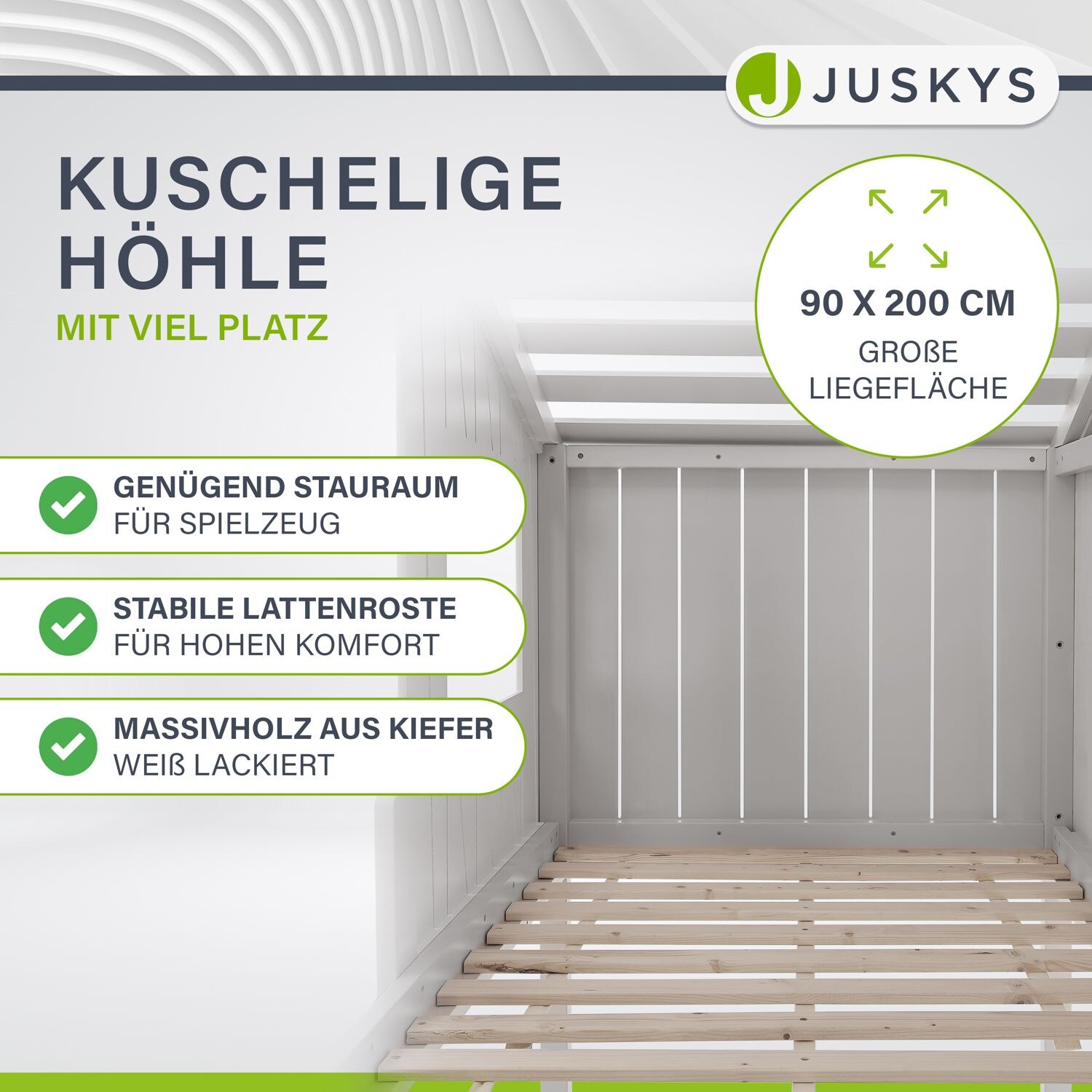 Juskys Kinderbett Baumhaus 90x200 cm Weiß mit Rutsche, Dach & Lattenrost – Hausbett für Kinder