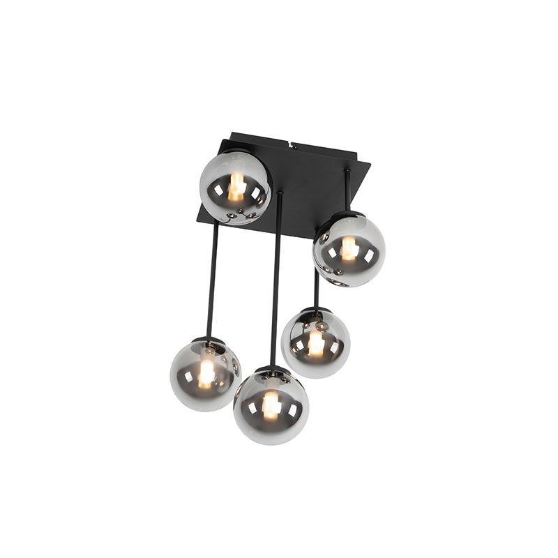 Moderne plafondlamp zwart 5-lichts met smoke glas - Athens
