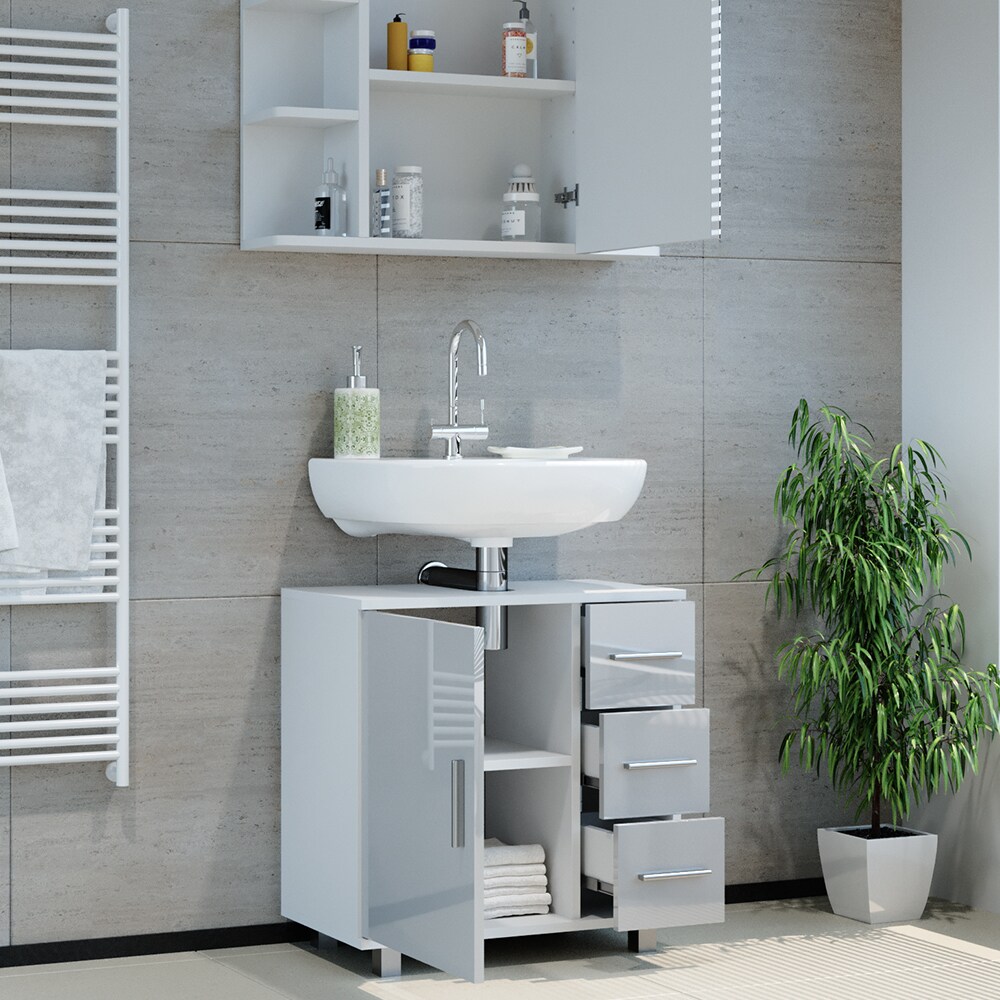 Vicco Badmöbelset Ilias Weiß Hochglanz modern Badezimmer Schrank Badschrank Waschtischunterschrank Spiegelschrank Schranktür Schrankschublade Aufbewahrung
