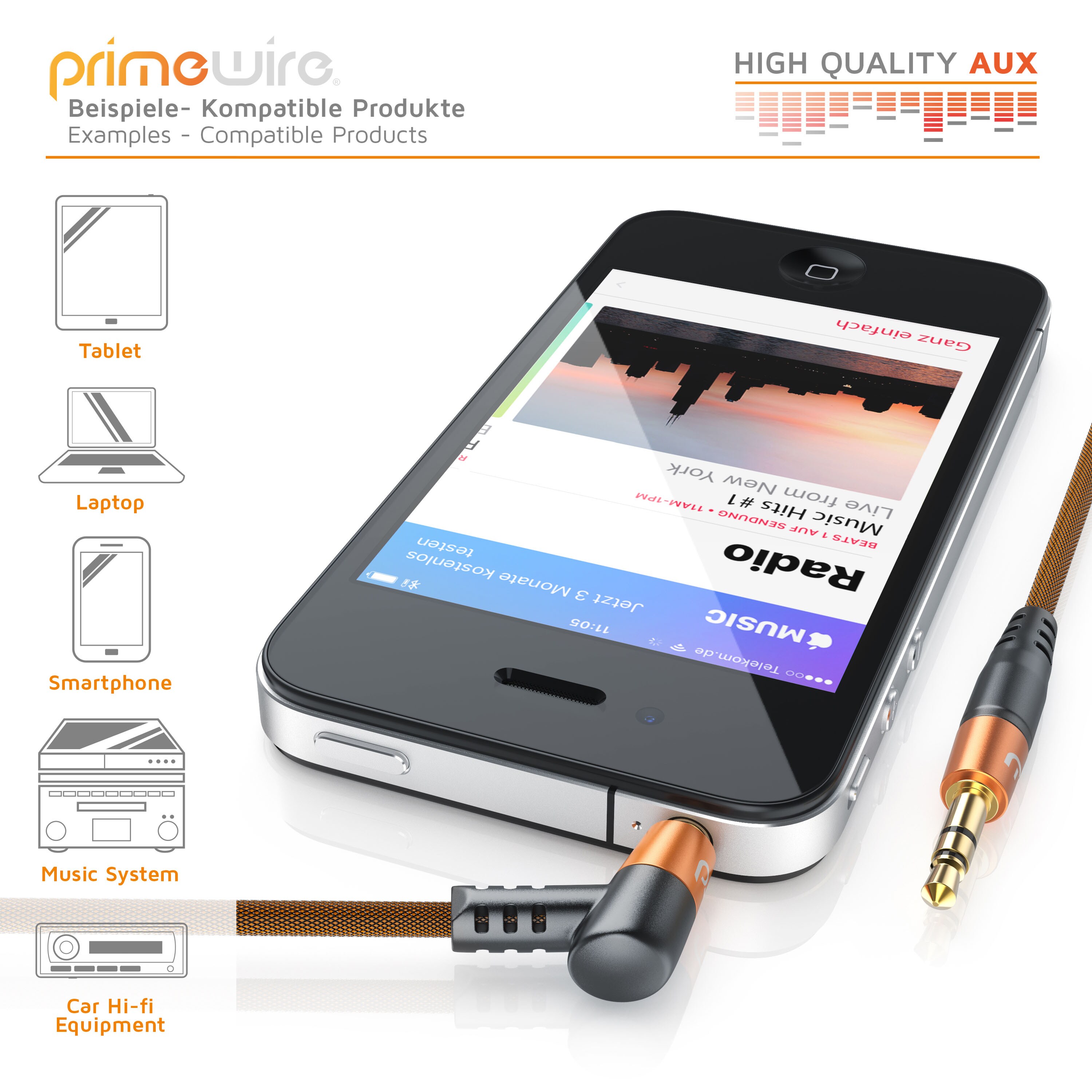 Primewire AUX Audio-Kabel, 3,5-mm-Klinke, gewinkeltes HiFi Stereo Klinkenkabel / Verbindungskabel - 2m