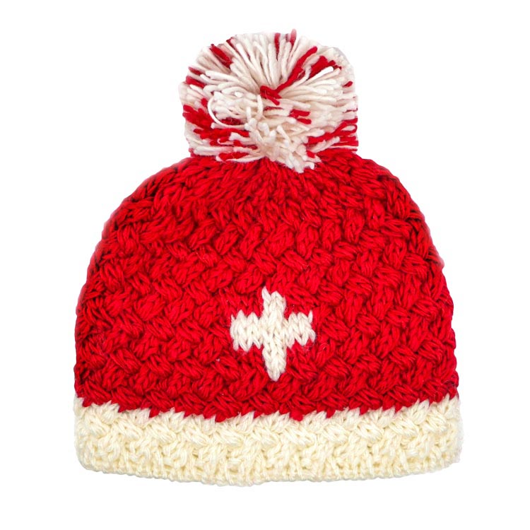 Strickmütze CH-Kreuz m. Pompon mit Bommel