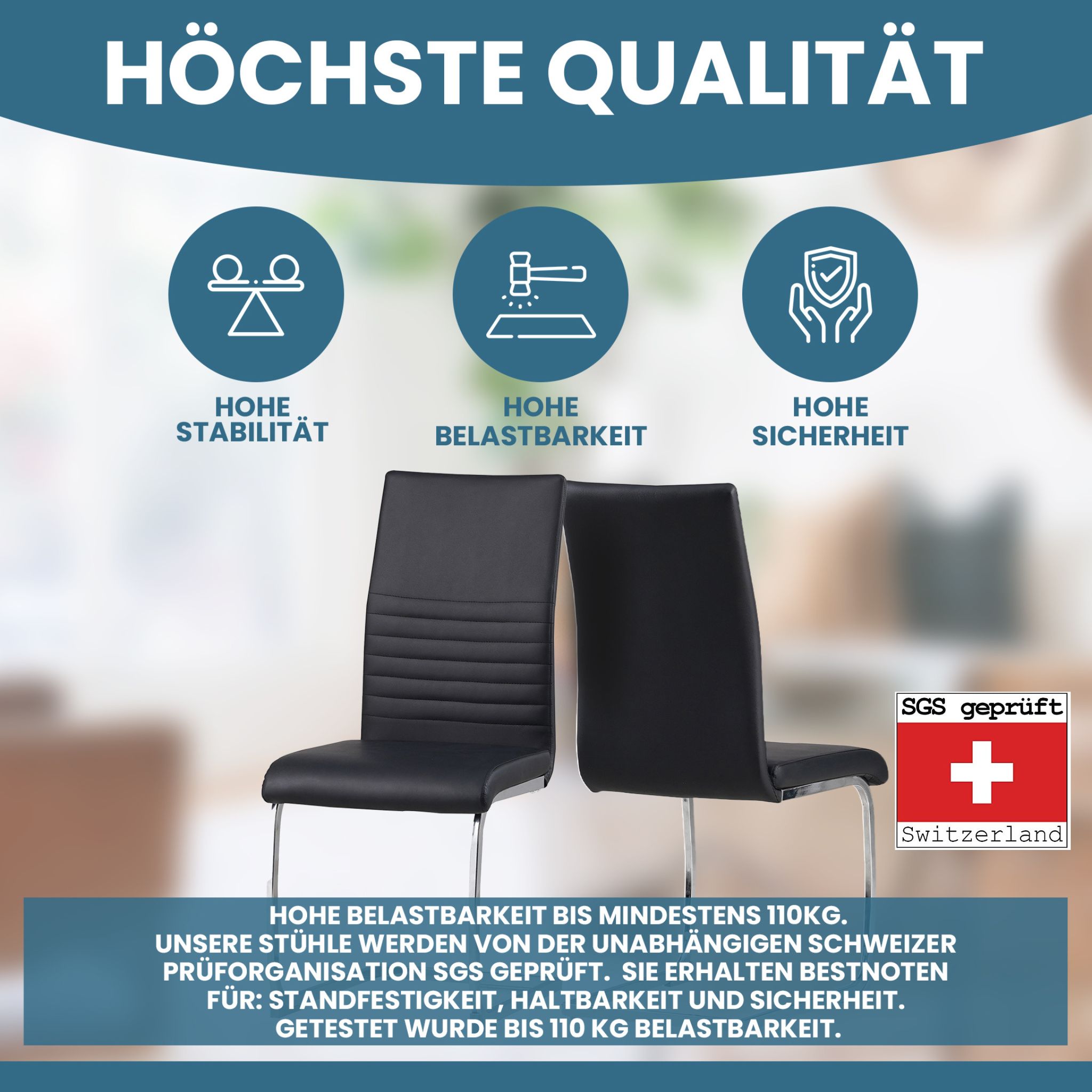 Albatros Freischwinger Stühle 4er Set BURANO, Schwarz - Esszimmerstuhl Schwingstuhl, modernes Design, Kunstleder-Bezug, dicke Polsterung - Küchenstuhl, Polsterstuhl, Stuhl Esszimmer Esstisch
