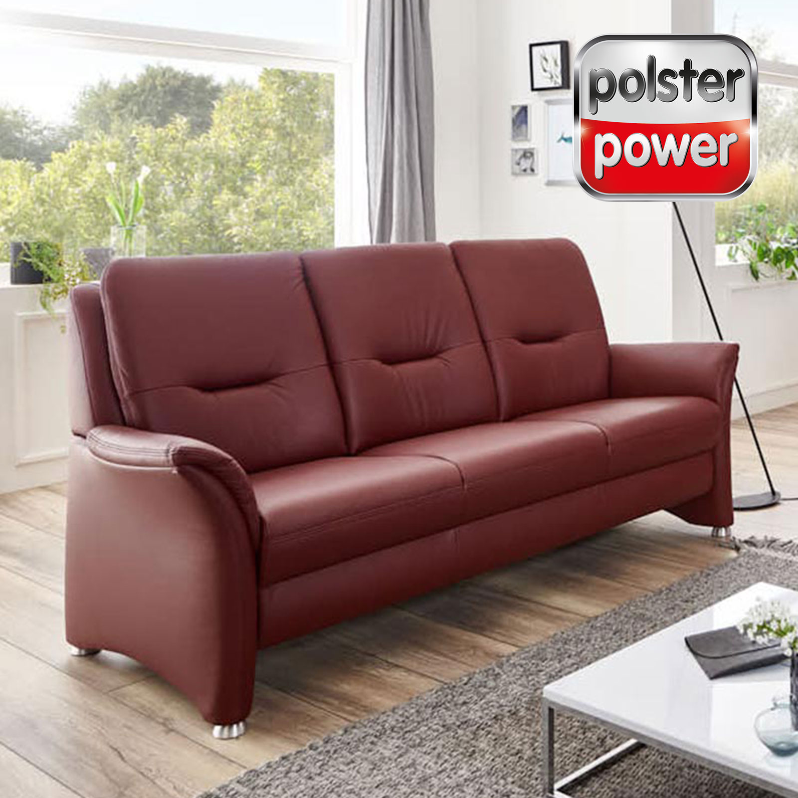polsterpower 3-Sitzer Ledersofa - brombeer - Federkern