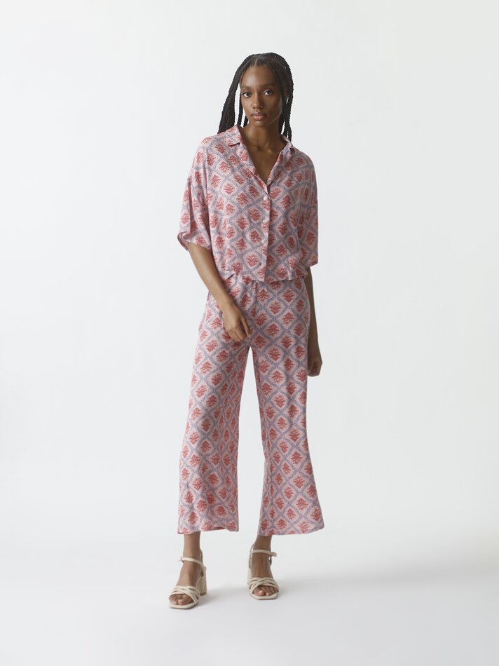 Camisa chambray cropped de manga curta - Rosa