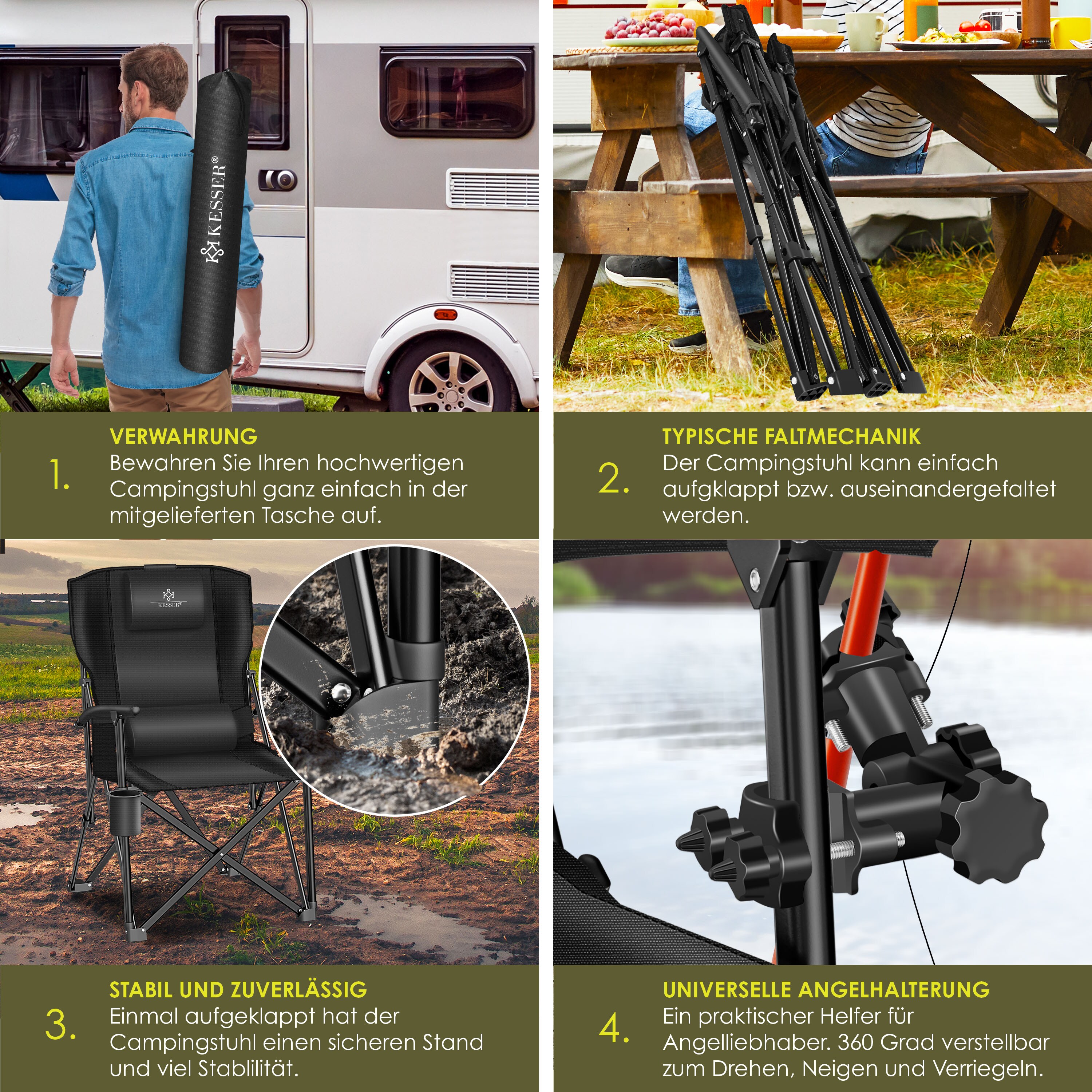 KESSER® Campingstuhl faltbar bis 160 kg | Angelstuhl Faltstuhl Klappstuhl Gepolstert mit Armlehnen | Campinglicht und Getränkehalter + Tasche mit hoher Rückenlehne | Strandstuhl mit Angelhalterung
