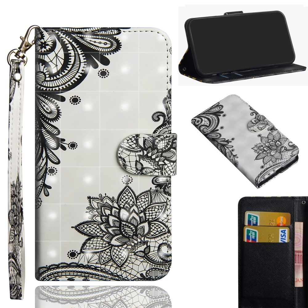 iPhone 12 / iPhone 12 Pro Leder Tasche mit Kartenfach   Handschlaufe - Blumen Mandala (Weiss)