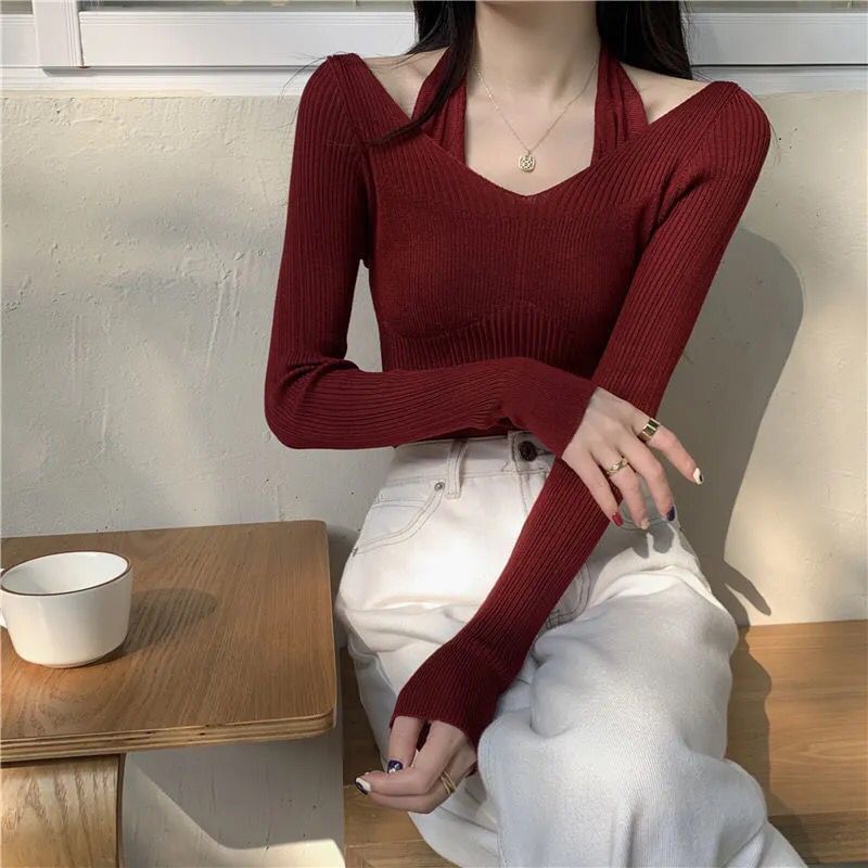 Hevnir - Tweedelige geribbelde, slim fit gebreide top met lange mouwen en halternek