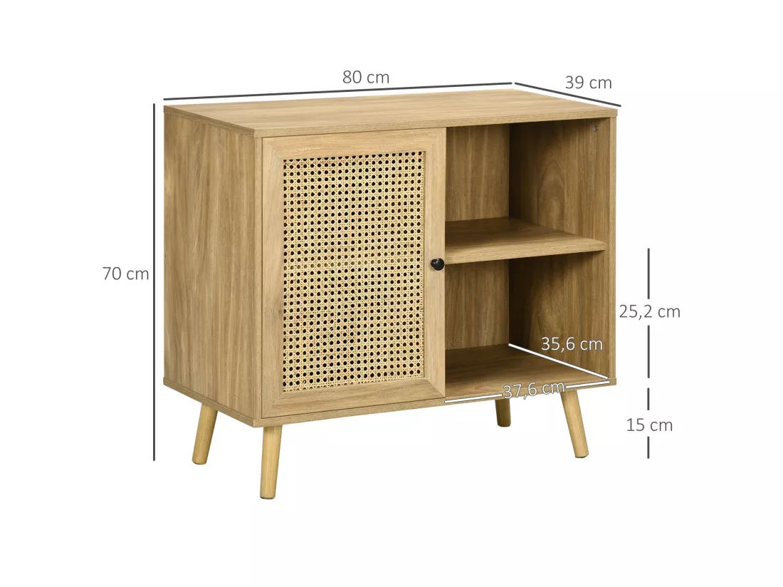 Buffet style bohème - 1 porte, étagère, 2 niches - piètement bois panneaux aspect bois manguier rotin