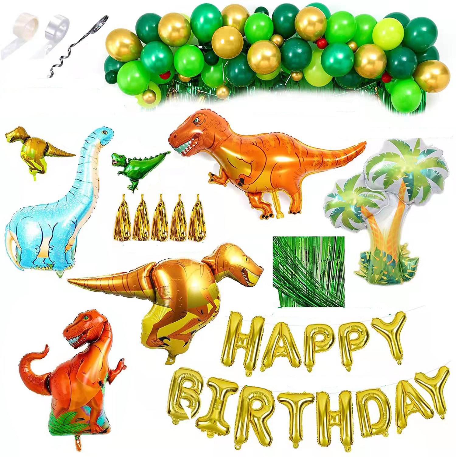 (114-tlg. Set) Happy Birthday Girlande Kinder Geburtstags Party Deko Dinosaurier   Latex- und Folienballons / Lametta Vorhang / Quasten - Grün