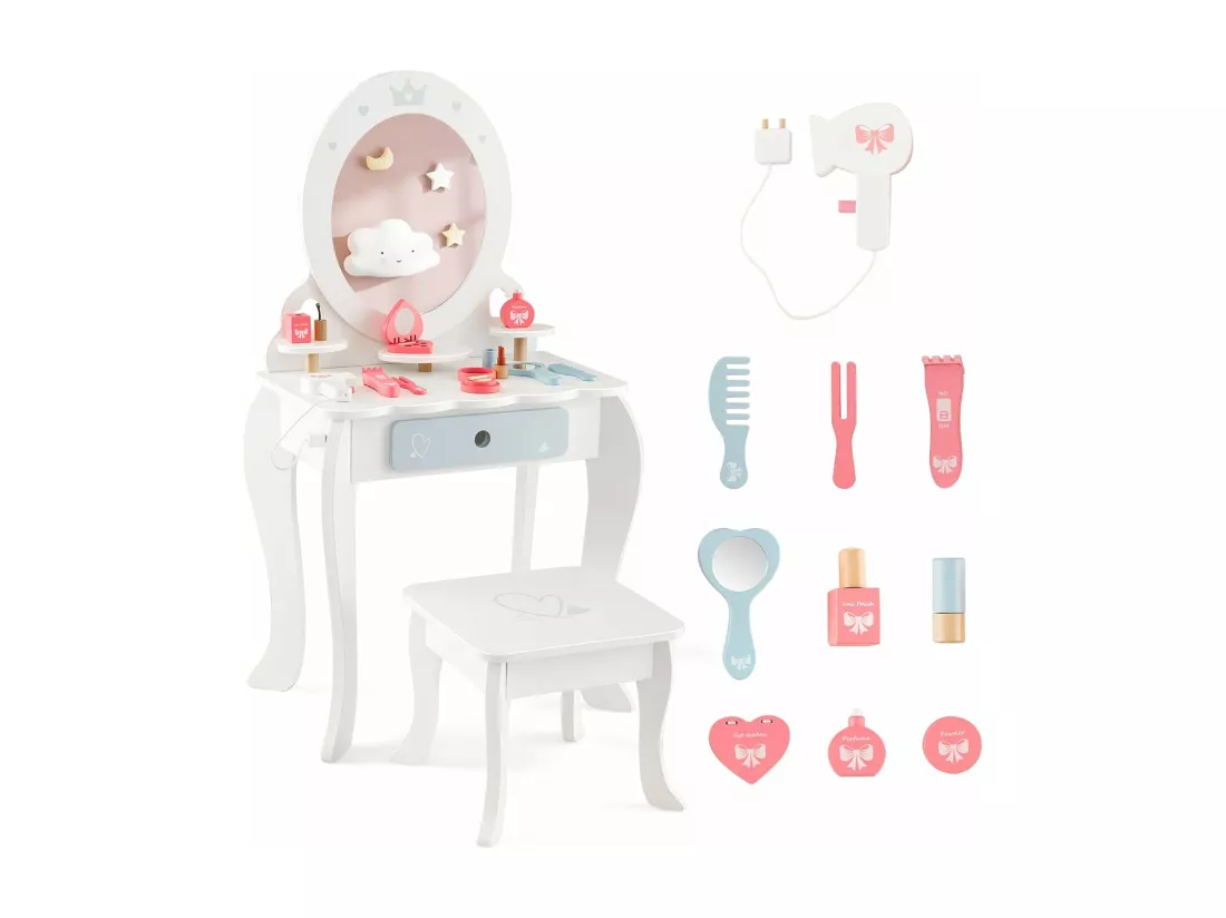 2 en 1 Coiffeuse Enfants avec Tabouret & Miroir Ovale Amovible, Table de Maquillage en Motif Couronne avec 10 Jouets d'Habillage, Tiroir Pratique, Charge 50kg pour Enfants de 3 Ans+ (Ovale)
