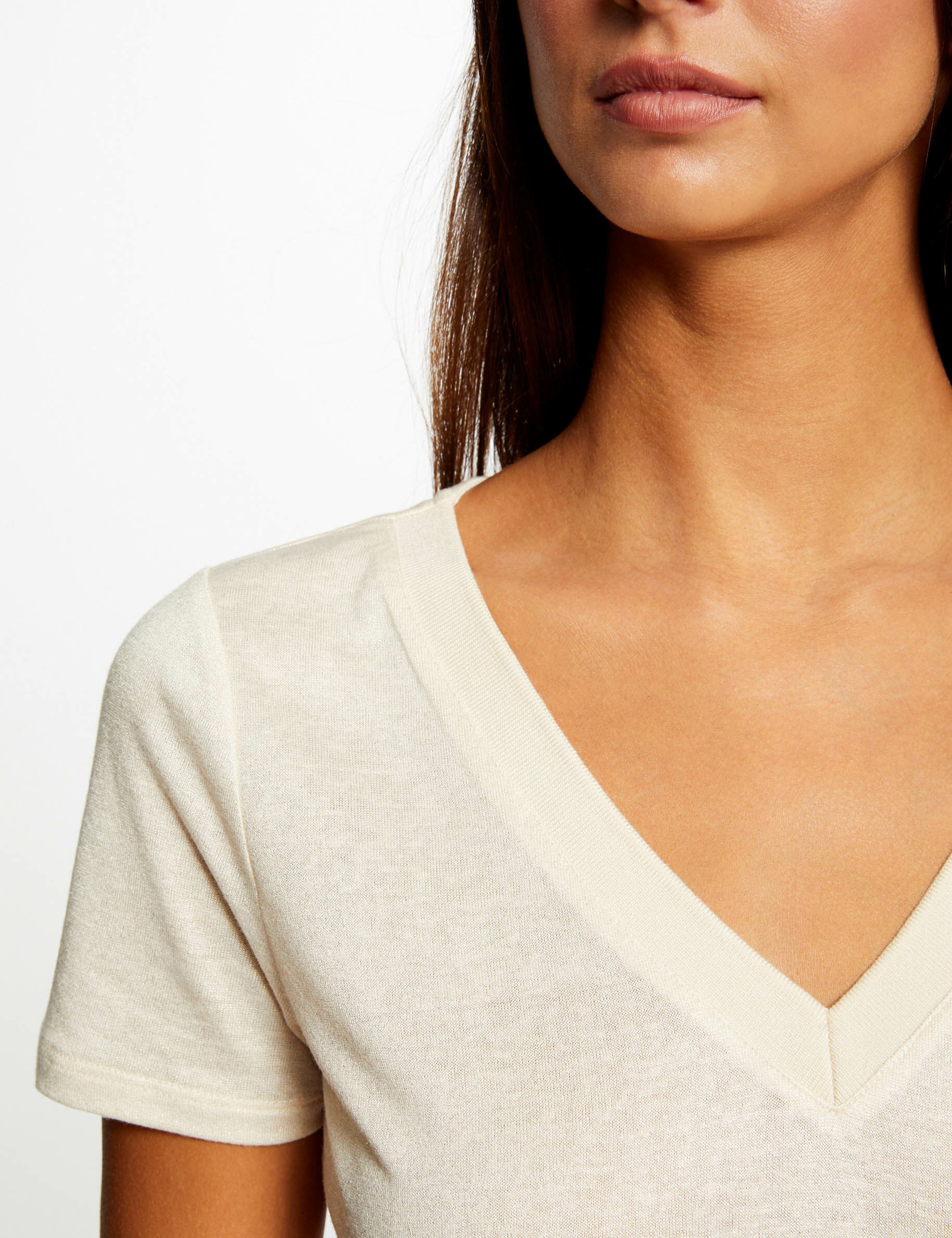 T-shirt manches courtes fils métallisés ivoire femme - ivoire