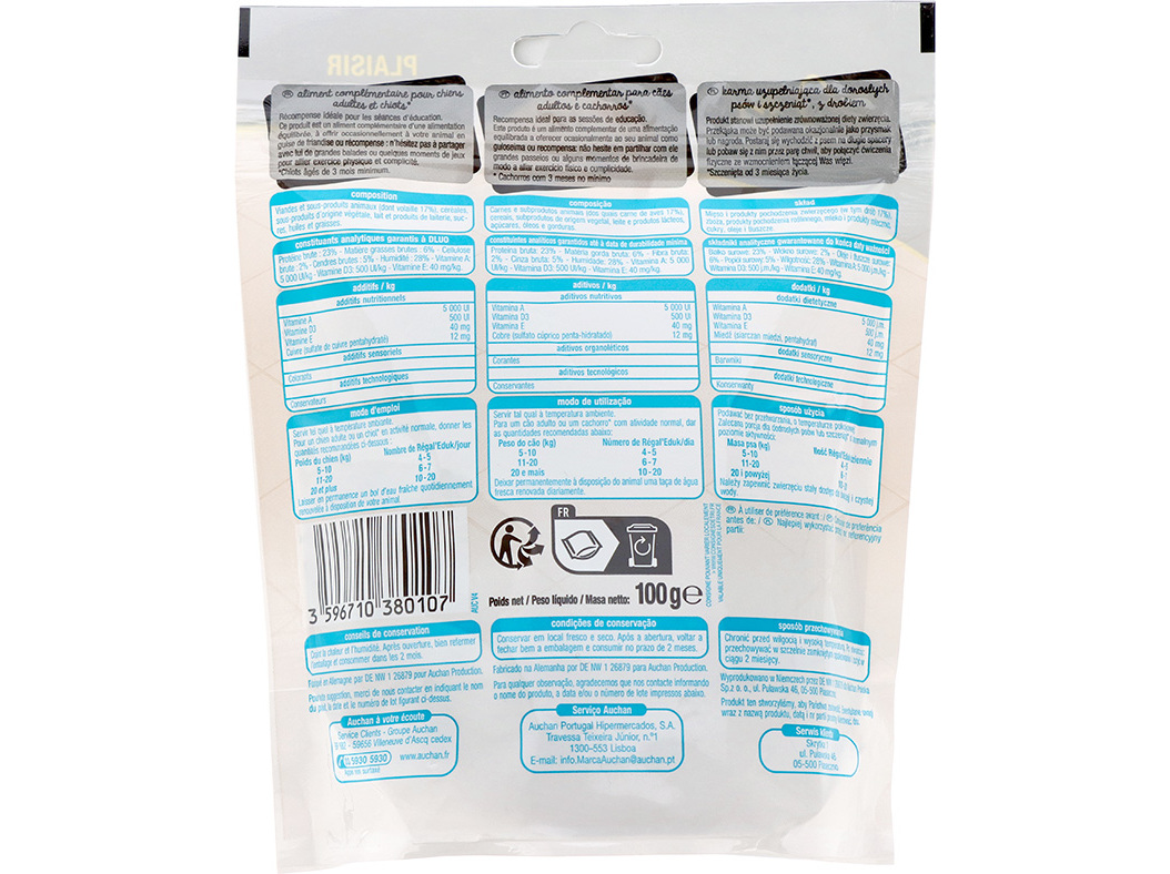 SNACKS PARA CÃO AUCHAN JÚNIOR RÉGAL' EDUK COM AVES 100G