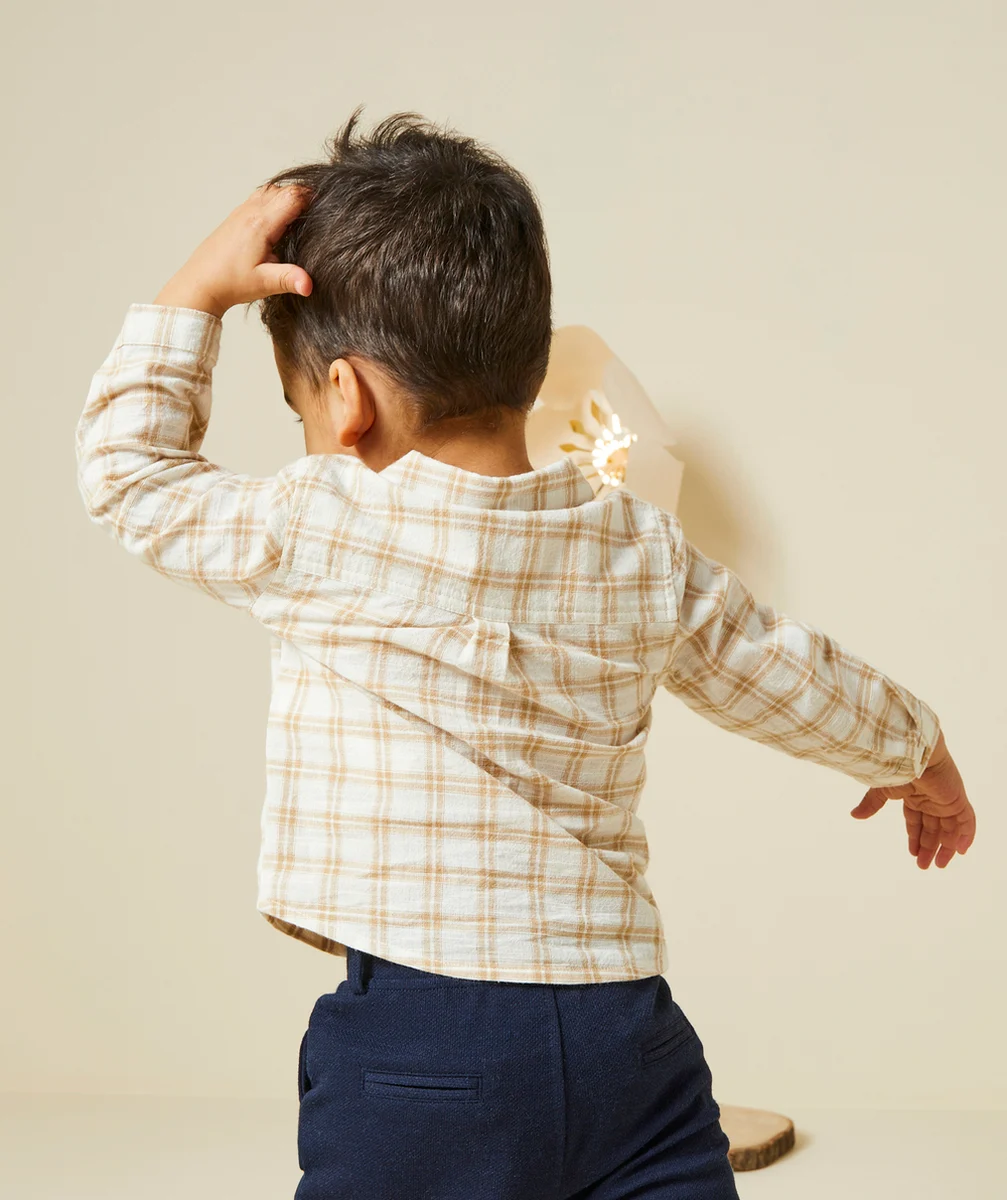 chemise bébé garçon en coton écru imprimé à carreaux beiges