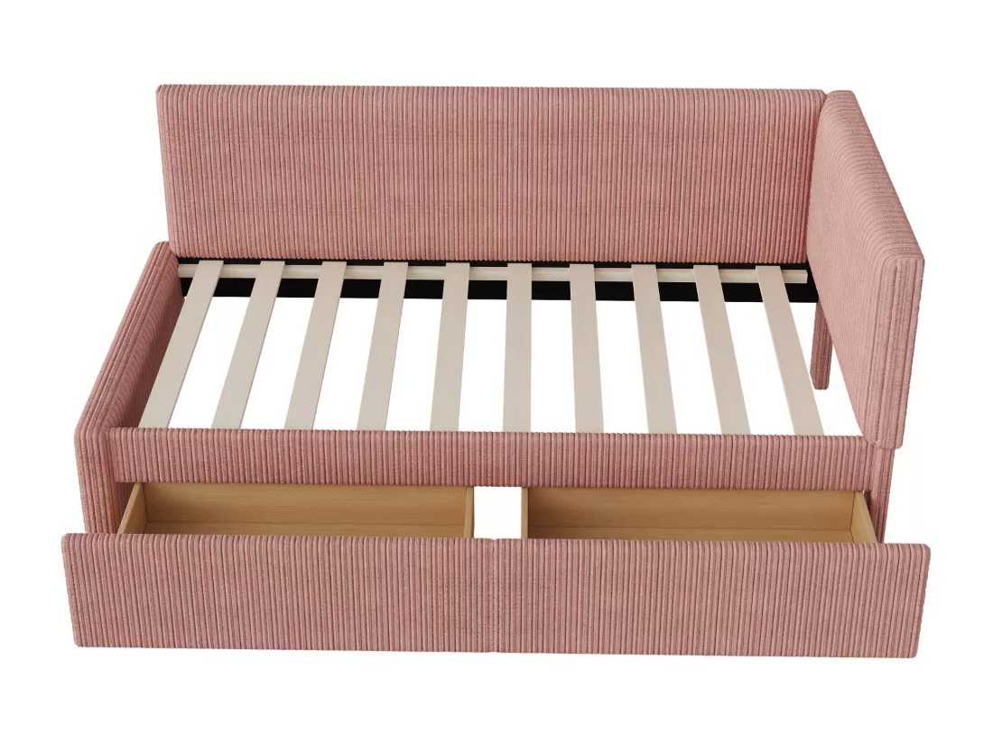 Lit banquette capitonné 90x200cm en velours - 2 tiroirs - avec sommier à lattes - Rouge