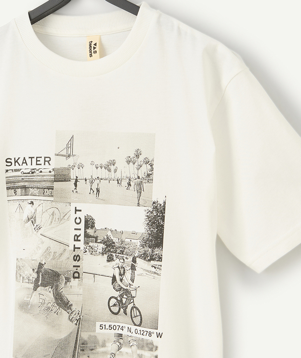 t-shirt manches courtes garçon en coton bio blanc motif photo skate