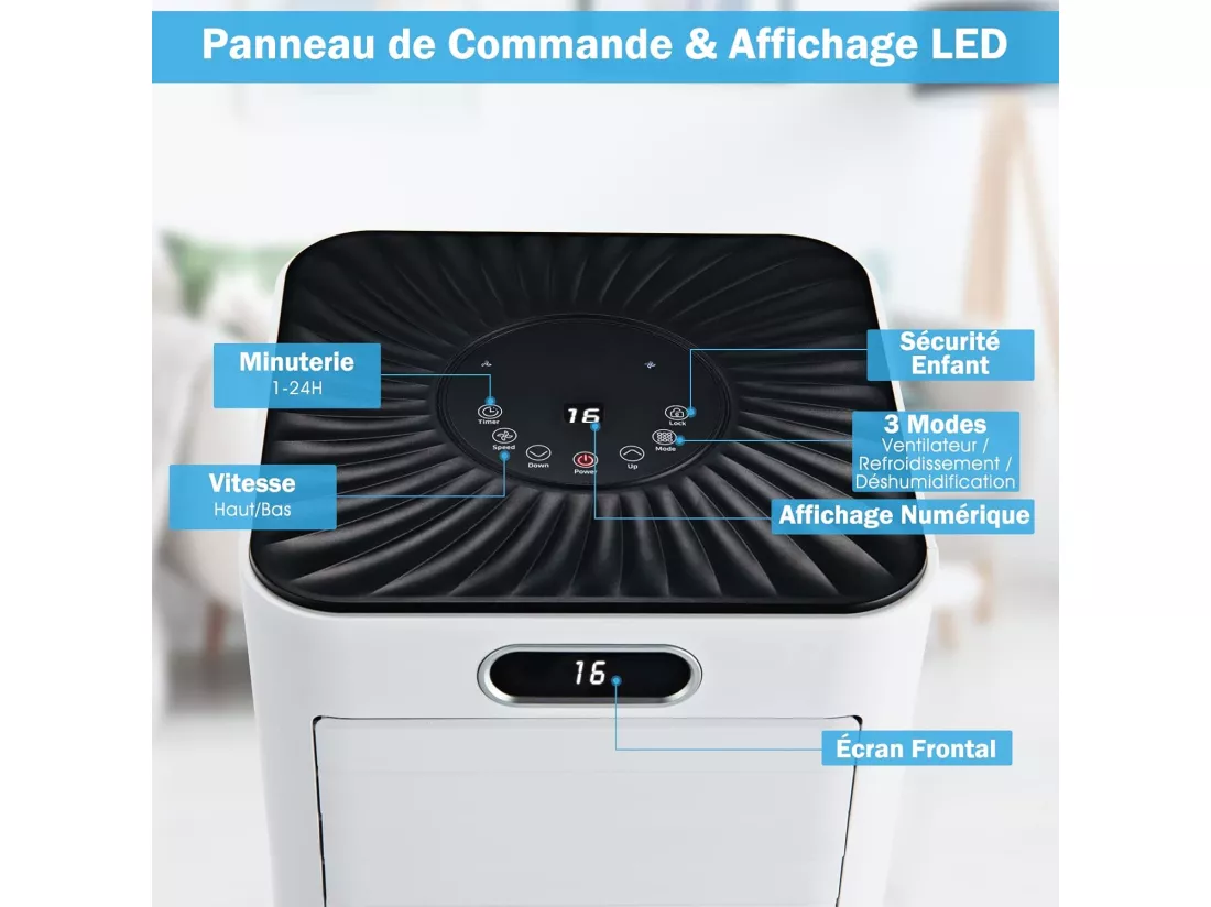 Climatiseur Mobile 4 en 1 R290 7000BTU 15 ㎡ [Classe énergétique A] Rafraîchissement, Déshumidification, Ventilateur et Mode Nuit (Blanc)