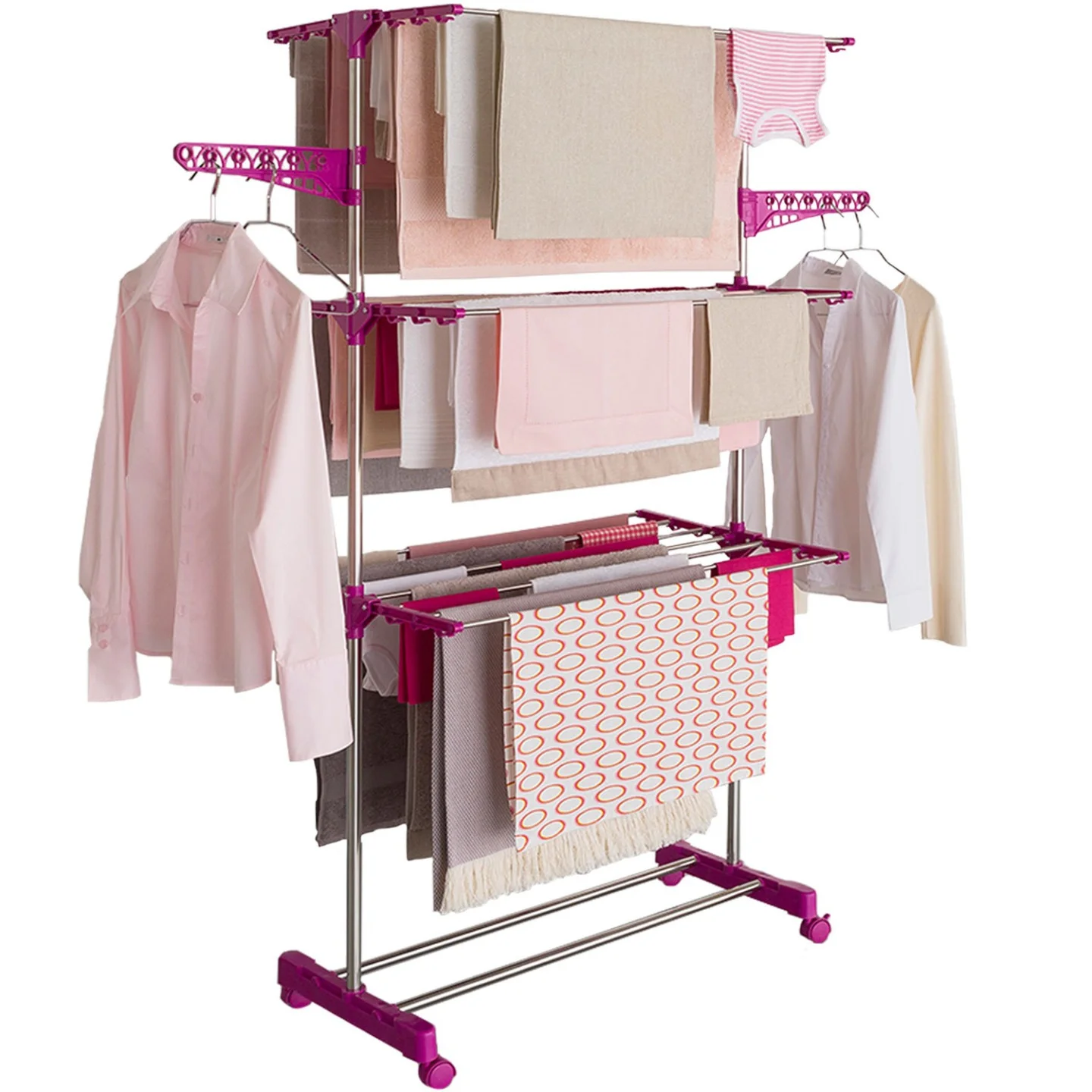 Séchoir à linge vertical pliable 3 niveaux MAXIMA capacité 20M inox et rose