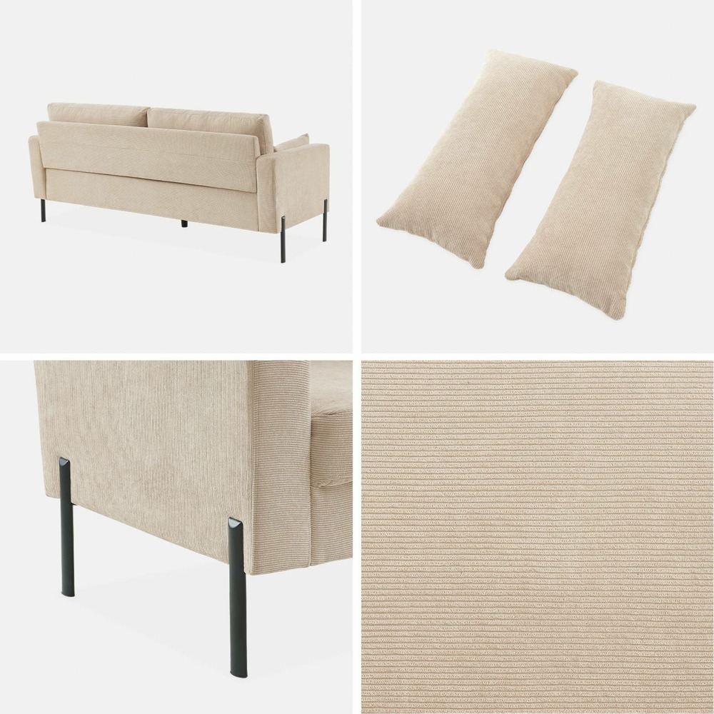 Canapé en velours côtelé beige - bjorn - canapé 3 places fixe droit pieds métal