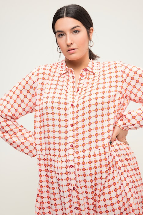 Maxikleid, A-Line, Krawattenprint, Hemdkragen, Langarm