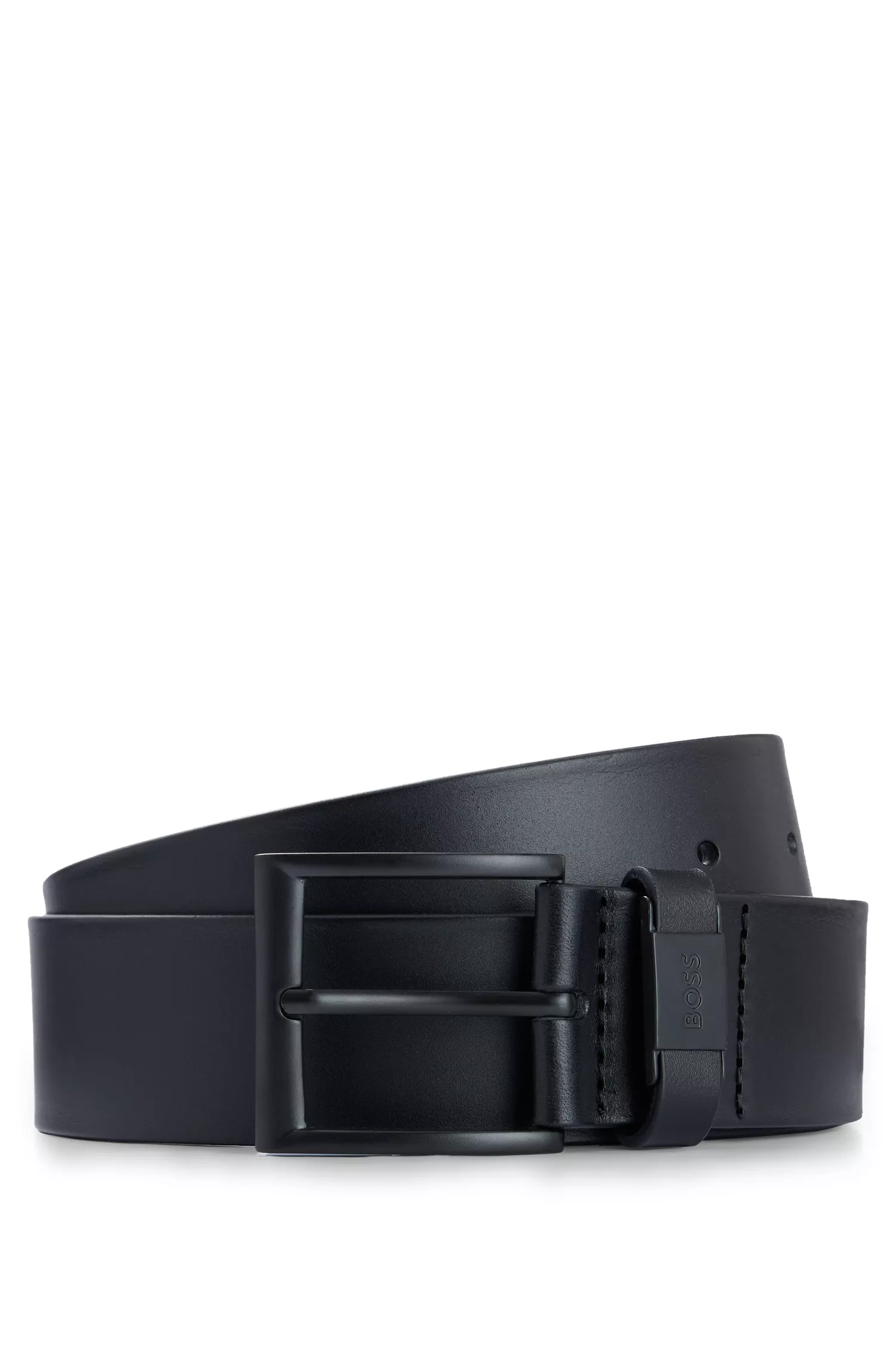 Cinto BOSS em couro italiano preto com passador de cinto personalizado.