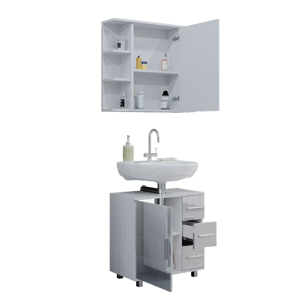 Vicco Badmöbelset Ilias Weiß Hochglanz modern Badezimmer Schrank Badschrank Waschtischunterschrank Spiegelschrank Schranktür Schrankschublade Aufbewahrung