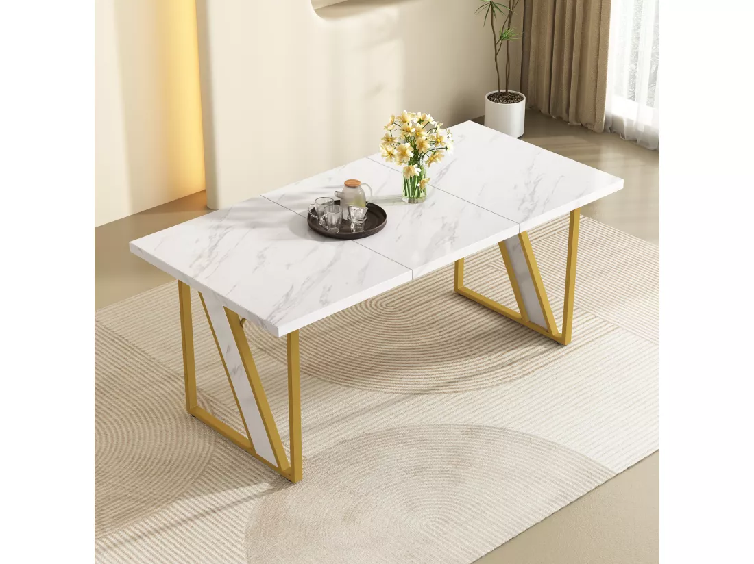 Table à manger 4 places - 160×80 cm - à motif de marbre - Blanc & Doré