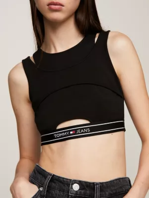 Regata cropped com recorte de fita com logo