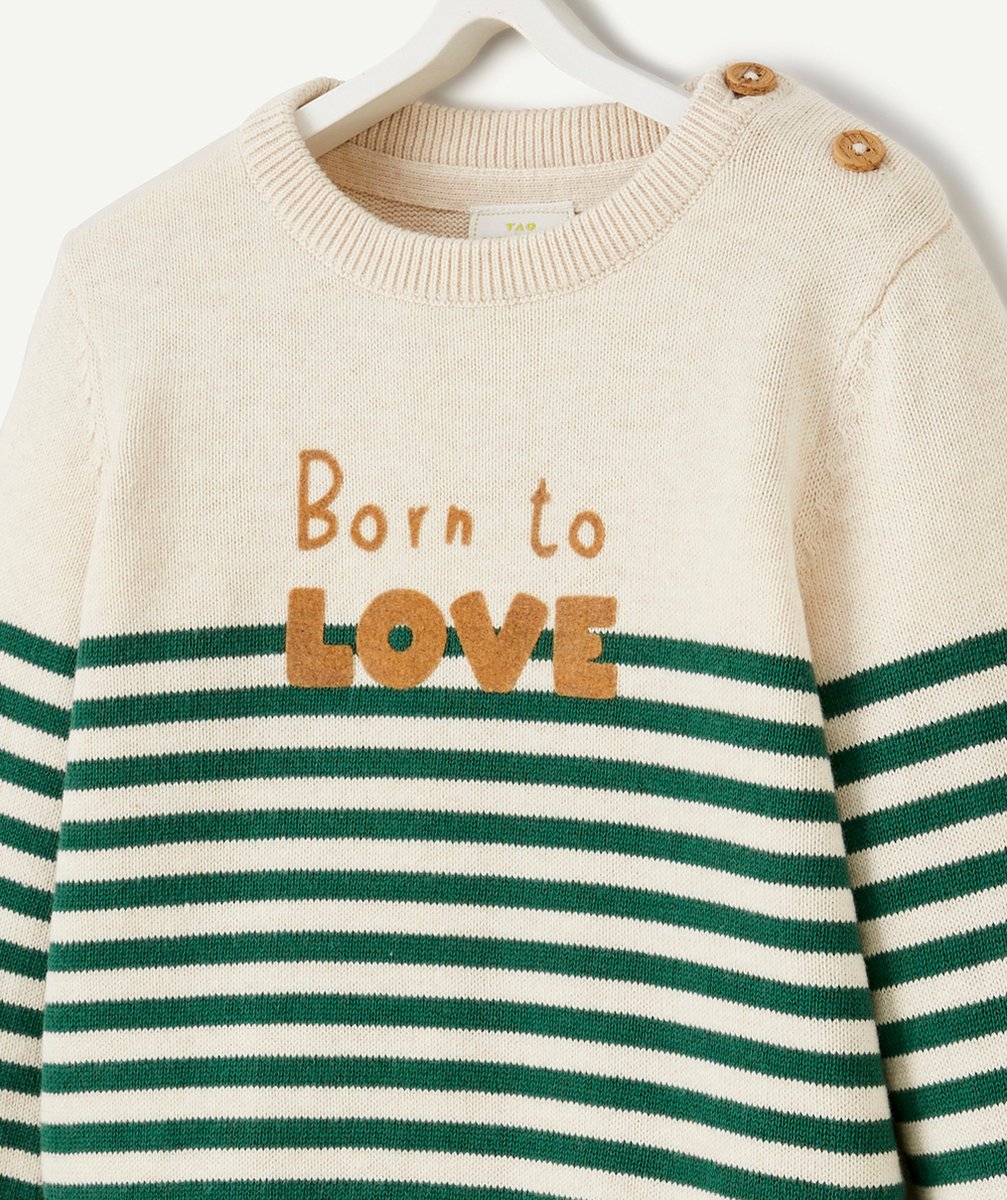 PULL EN TRICOT BÉBÉ GARÇON À RAYURES VERTES MESSAGE BORN TO LOVE