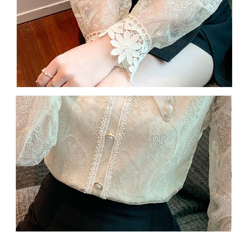 Isaaca - Blouse met lange mouwen en col, imitatieparels en kanten afwerking van chiffon