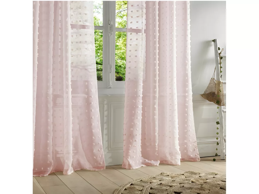 Voilage à œillets Rose motif petits pompons 140 x 240 cm