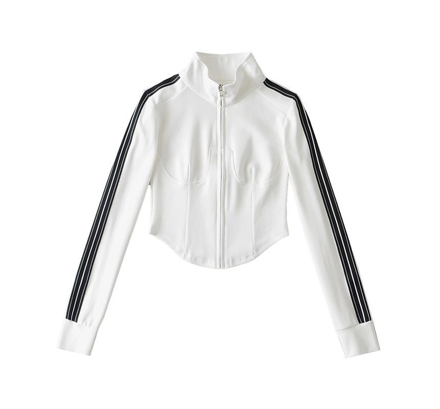 Sundine - Cropped jack met opstaande kraag, gestreept paneel en rits