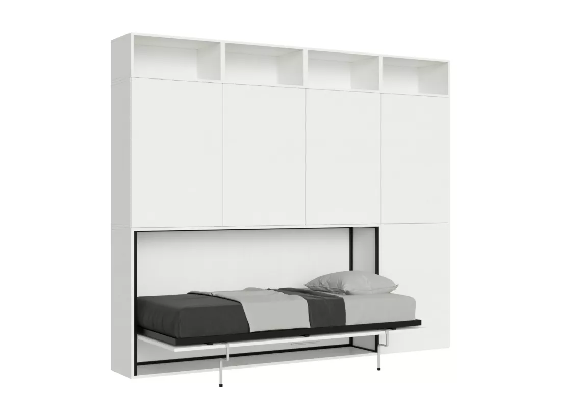 Lit escamotable horizontal blanc Bounto 85x185 avec rangement et bibliothèque composition B-