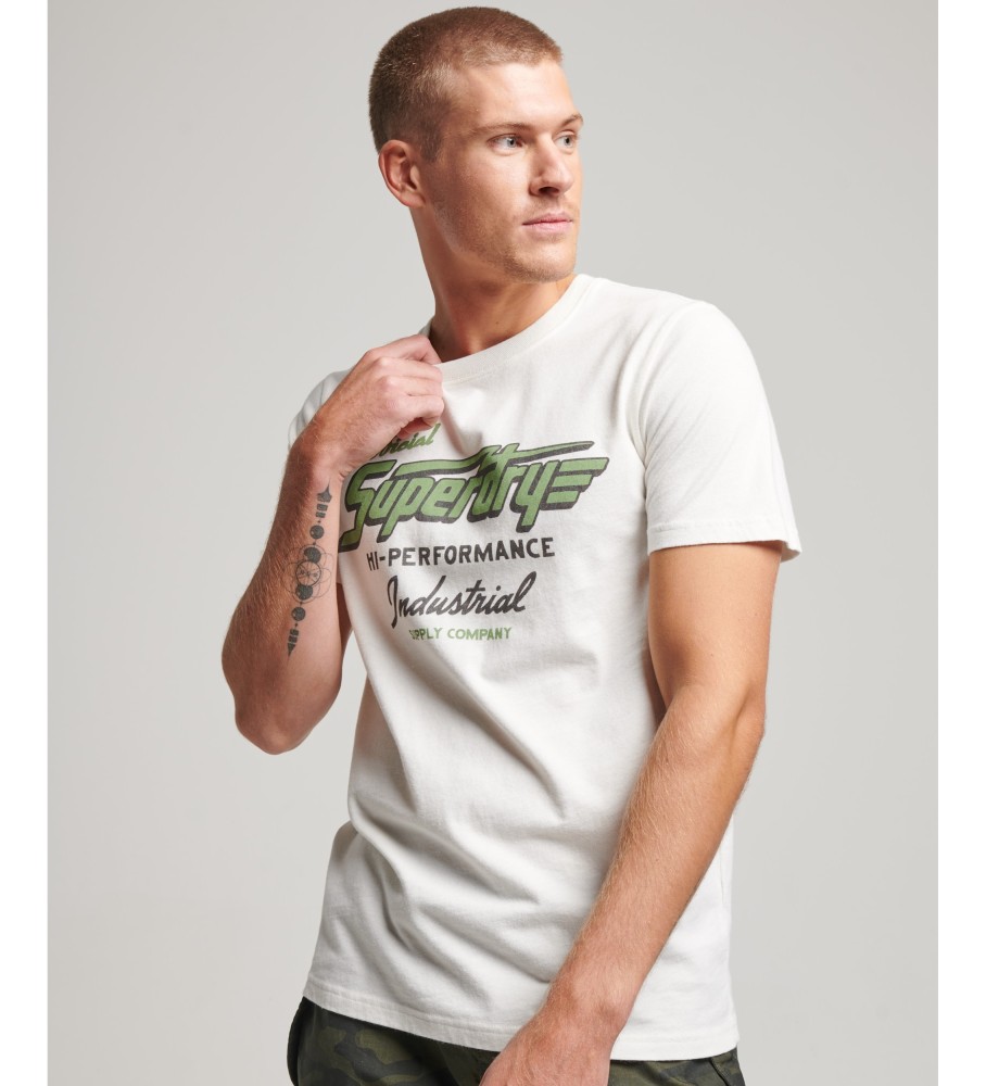 Camiseta Superdry Vintage Logo, com estampa industrial automotiva, branca