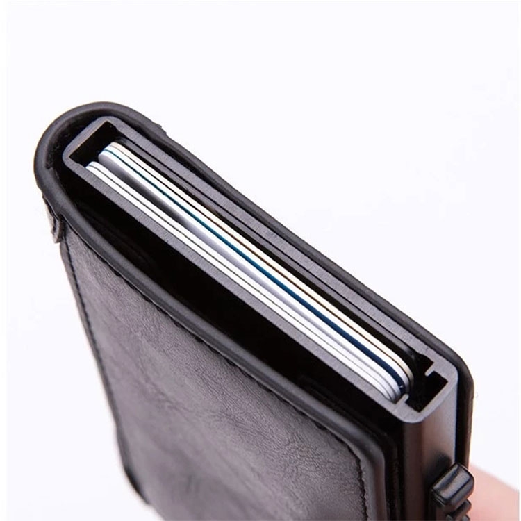 Mini Kreditkarten Leder Etui Geldbörse mit Kartenauswurf-Mechanismus für 8 Karten (RFID Schutz) - Schwarz