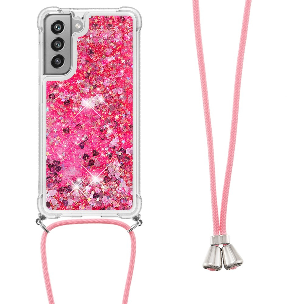 Samsung Galaxy S21 FE 5G Necklace Gummi Hülle Liquid Glitzer   Handykette (130cm) - Pink / Silber